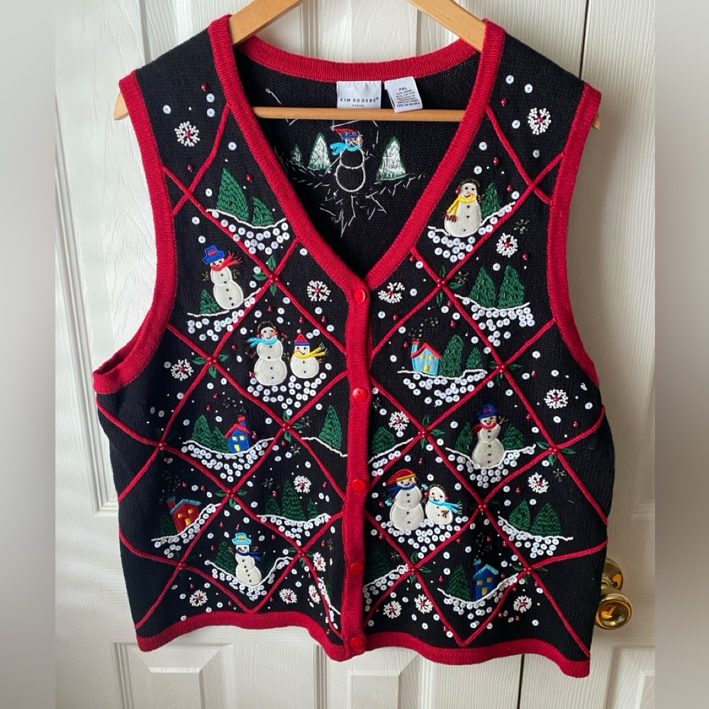 KIM ROGERS Black Sequin Embellished‎ Embroidered Snowman Ugly Sweater Vest PXL